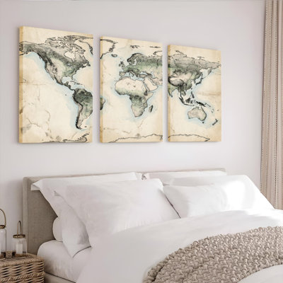 World Map Vintage Style Canvas Wrapped Wall Art Oil Painting Print Set Of 3