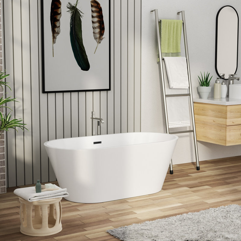 Freestanding Soaking Acrylic Bathtub with Pop Up Drain and Overflow Hole, Black, 59" L x 29.5" W