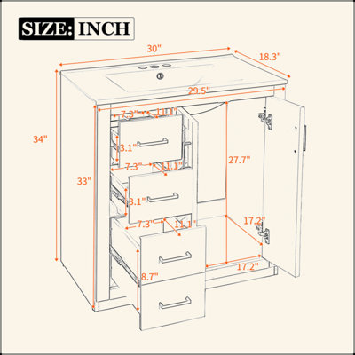 30'' Bathroom Vanity With Ceramic Sink Combo,Solid Wood Frame Bathroom Storage Cabinet, Freestanding Vanity Set With 3 Drawers& Soft Closing Doors