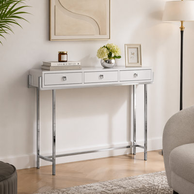 Table d'appoint, console, vestibule, étroit, canapé, tiroir de rangement, salon, chambre à coucher, stratifié blanc brillant, métal chromé, contemporain, moderne