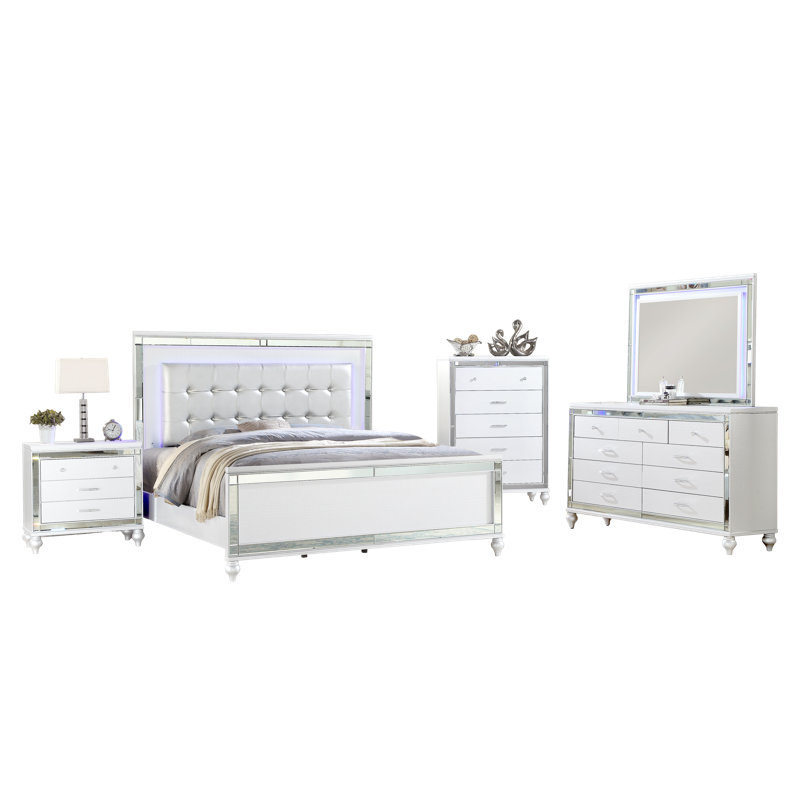 Denard Upholstered Standard 5 Piece Bedroom Set, White, Queen, 5 Pcs: Bed, 2 Dressers, Mirror, Nightstand