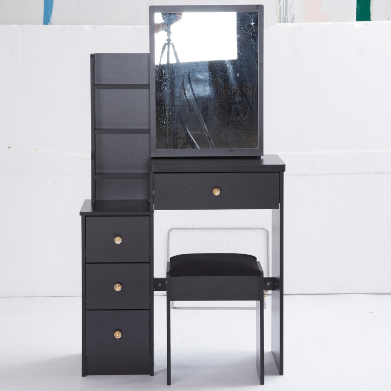 Small Bedroom Vanity With Cushioned Stool, Large Sliding Mirror, Multi-layer Storage, Cabinet For Narrow Spaces Table Seat & Storage Cabinet, , , , Ul Listed