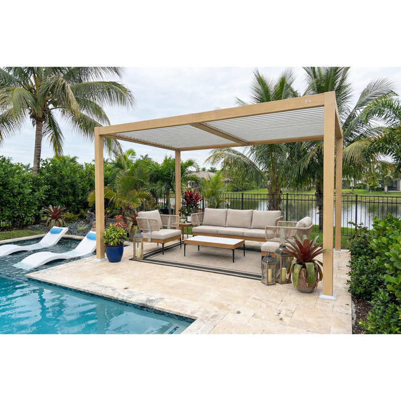 PURPLE LEAF 10' x 12' Louvered Pergola Outdoor Wood Grain Aluminum Pergola with Adjustable Roof Retractable Patio Rainproof Hardtop Gazebo for Deck Backyard Garden