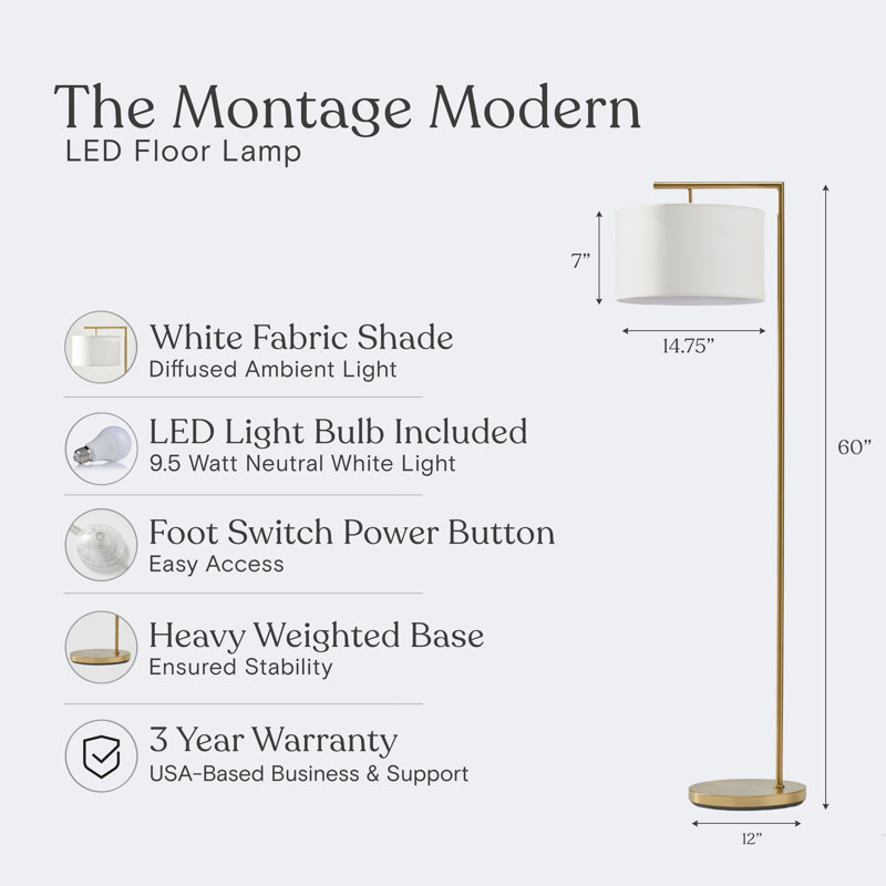 Montage Modern 60 in. Unique Standing Mid Century Modern Floor Lamp with Fabric Drum Shade - LED Bul, Gold, White