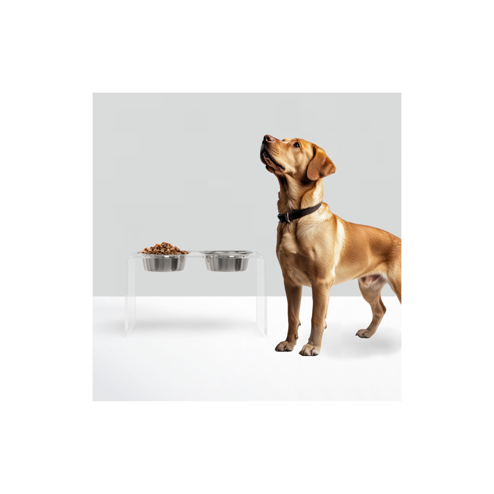 Tall Clear Elevated Feeder with Bowls, Silver