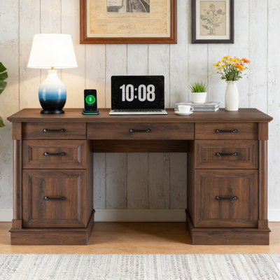 Bureau de direction 60 po avec tiroirs, bureau à domicile en bois, tiroir classeur, armoire de rangement