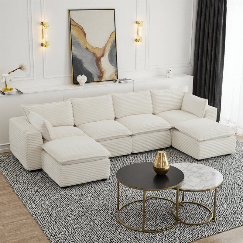Cloud U-Shape Convertible Sectional Sofa with Ottoman, Plush Black Corduroy, No Assembly Needed, White