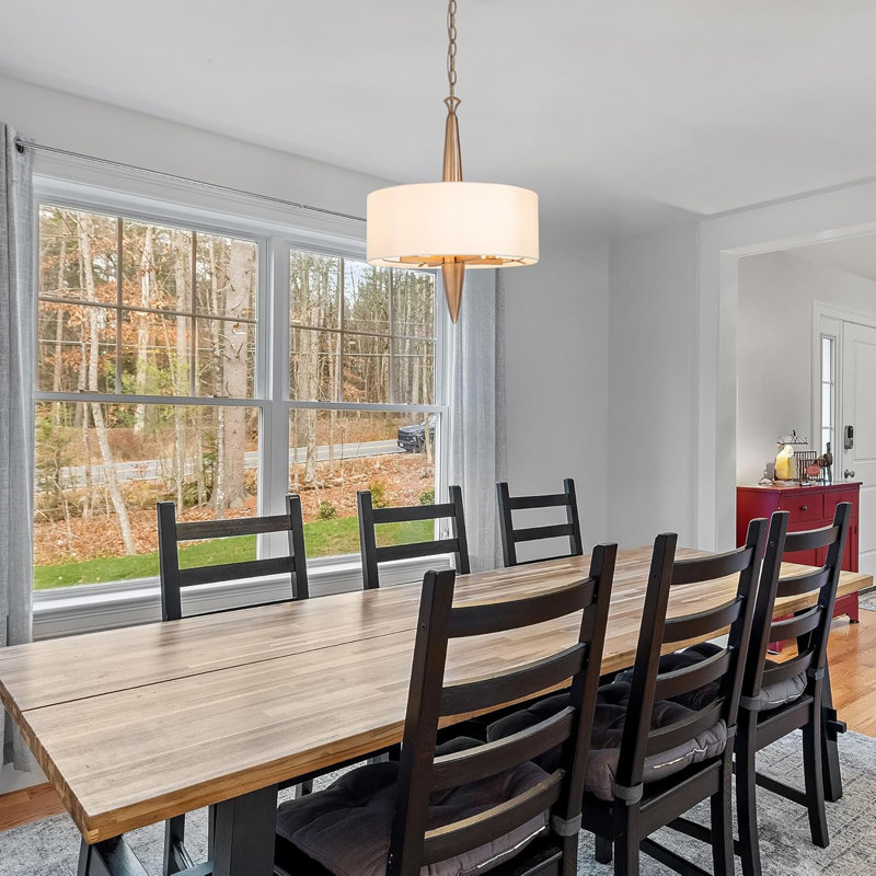 Lustre pour salle à manger, lustre tambour moderne doré à 4 lumières avec abat-jour en tissu blanc pour l