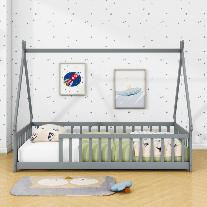 Twin-Sized Floor Bed With Safety Guardrails And Slats, Gray