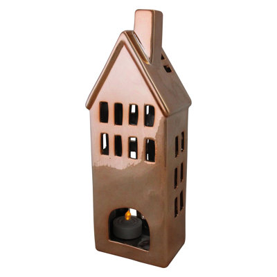 10.5" Shiny Copper Ceramic House Tea Light Candle Holder