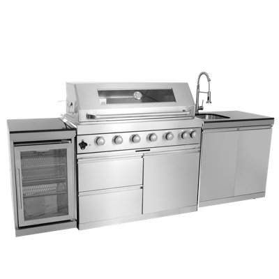 43-Inch 6-Burner Stainless Steel Outdoor Kitchen Island With Sink, Refrigerator & Rotisserie