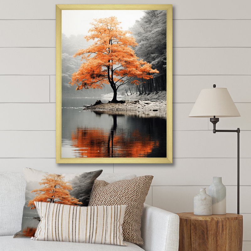 «Orange and Gray Forest Autumn Elegance II», art sur toile Forêt, Cadre photo unique, H 32 po x l 24 po, Doré