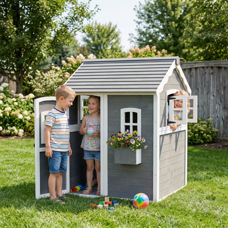 Outsunny Playhouse for Kids, Outdoor Wooden Playhouse with Floor, Door, Windows & Planter Box for 3-8 Year Olds, Backyard, Lawn, Garden, Gray