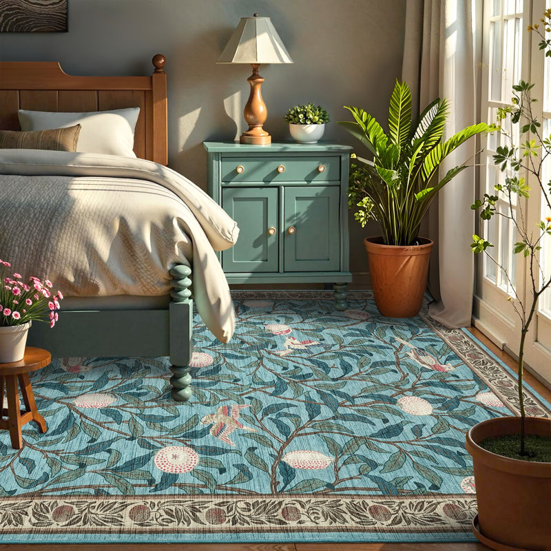 Farmhouse Machine Washable Rug for Living Room, Non-Slip Botanical Area Rugs, Low Pile Stain-Resistant Vintage Carpet, Soft Foldable Print Floor Mats for Bedroom, Nursery, Home Office