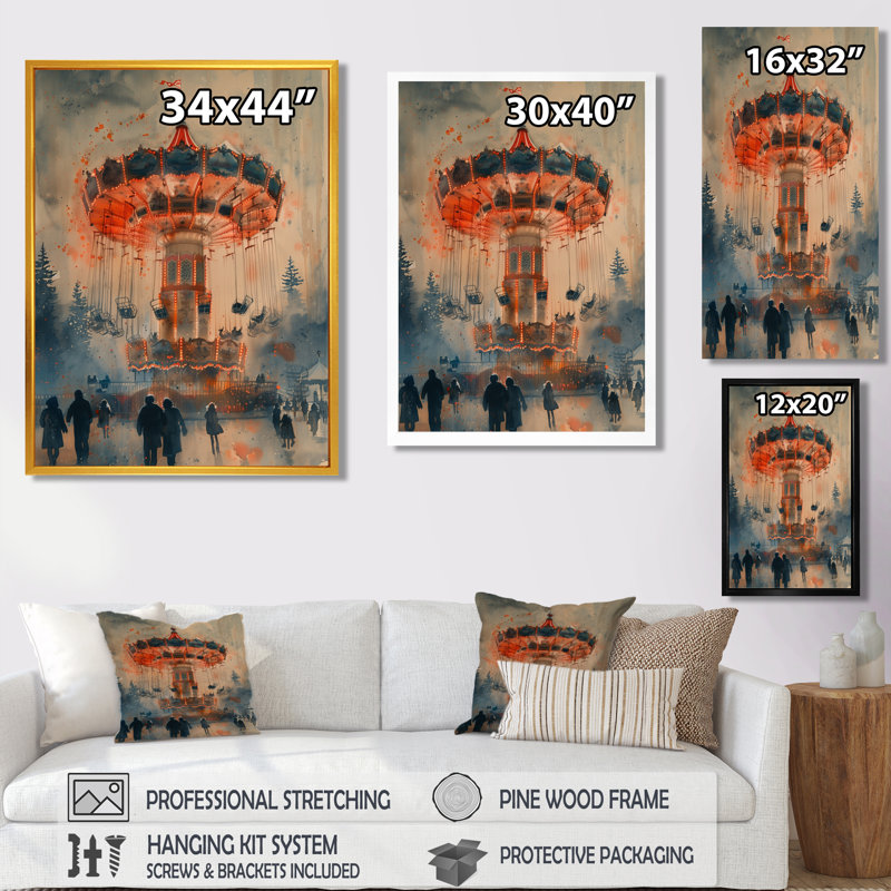  «Vintage Carousel Amusement Parks At Night - Amusement Parks Wall Art, H 12 po x l 20 po, Encadrement argenté