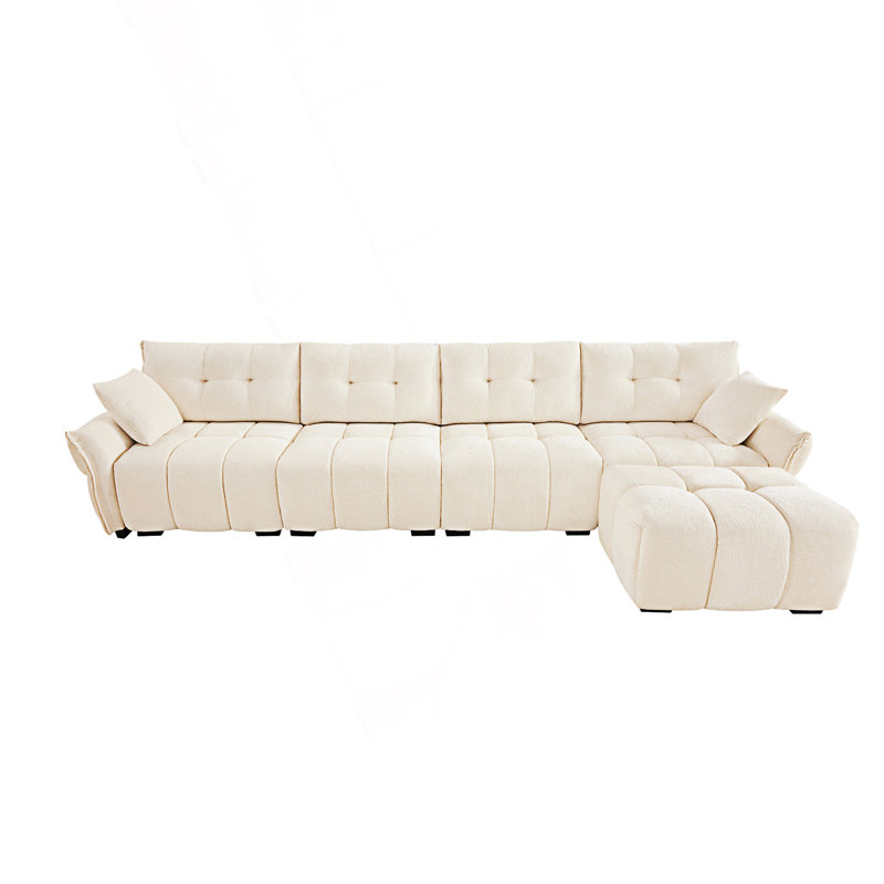 Canapé modulaire 4 places avec repose-pieds, Chenille blanche