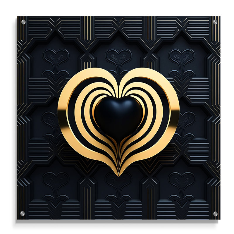 «Black and Gold Radiant Shining Heart I», décoration murale abstraite romantique en acrylique, H 16 po x l 16 po