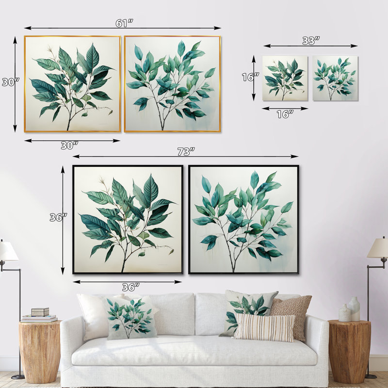 Teal tendresse subtile feuille impressions - feuilles ensemble de collage carré de 2, Cadre flottant brun, H 30 po x l 61 po