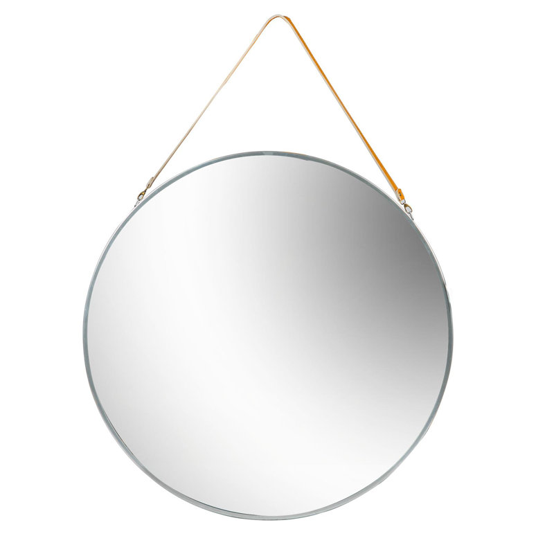 Harbour Housewares - Round Metal Frame Hanging Mirror on Strap, 40cm H x 40cm W, Silver