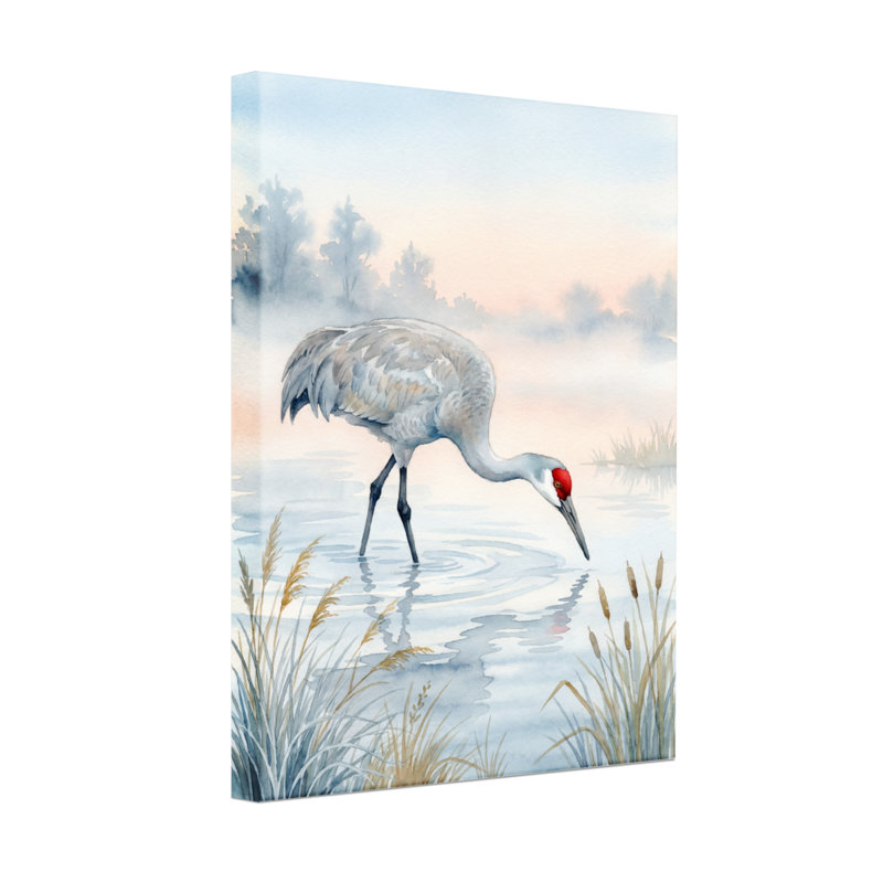 Animaux grue dans l'eau avec des roseaux et un ciel brumeux, H 18 po x l 12 po