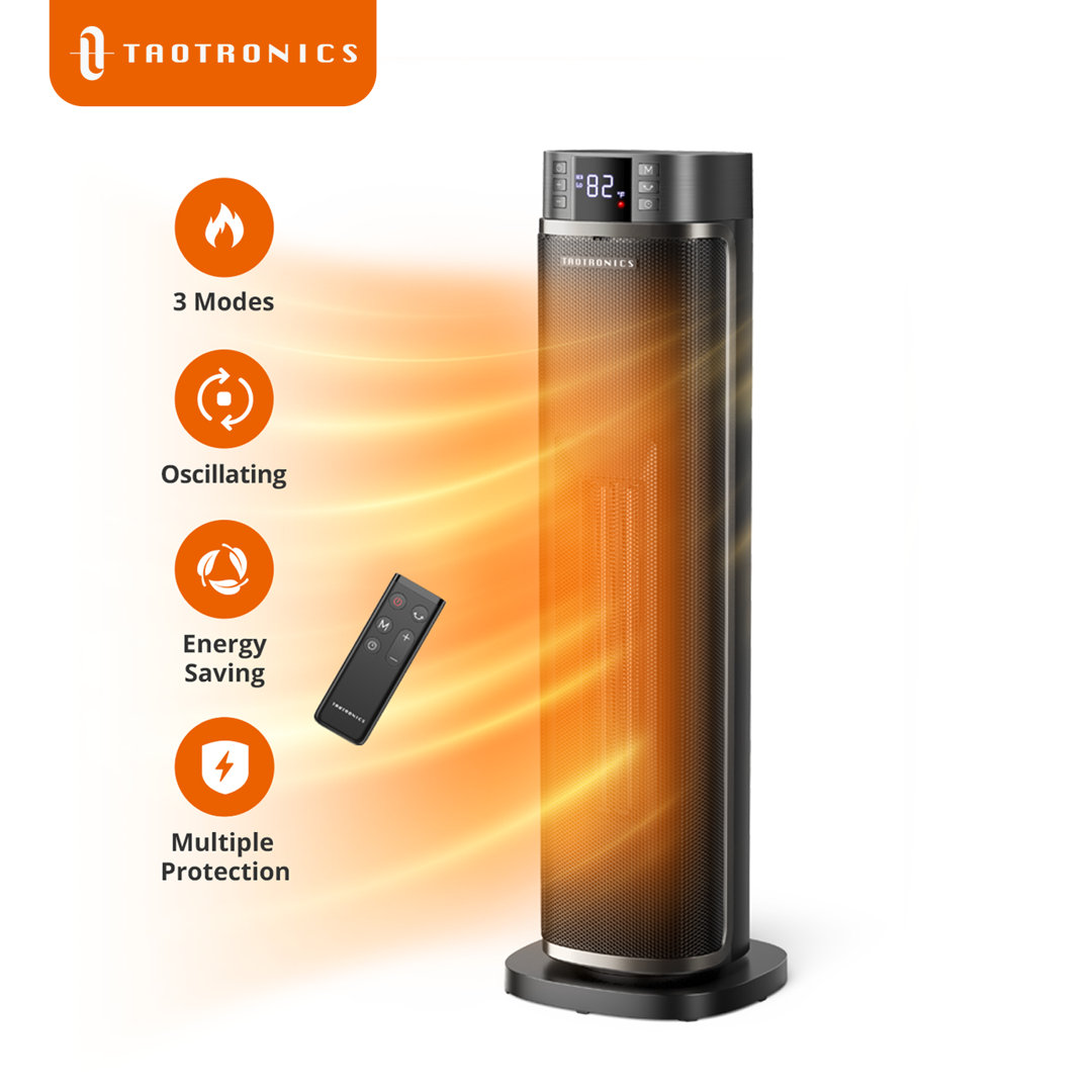 Electric Space Heater, Taotronics 1500w 24" Energy Efficient Space Heater For Indoor Use, 70° Oscillation, 12h Timer, Safety Protection, Portable Heater With Thermostat For Office, Bedroom, Large Room  Taotronics
