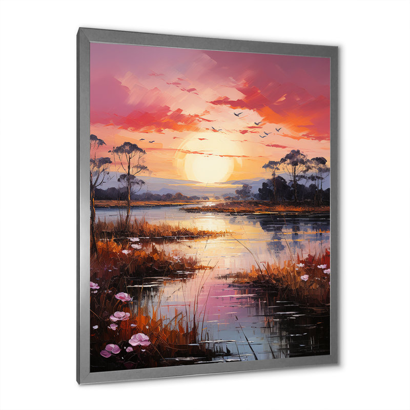 «Lakeside Sunrise Tranquility I», reproduction sur toile, Cadre simple argenté, H 32 po x l 24 po x P 1 po