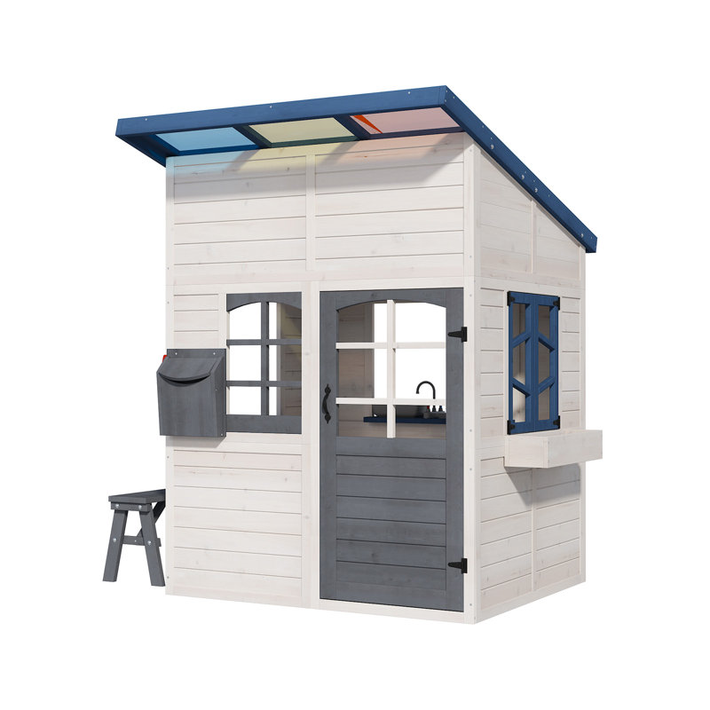 Maisonnette pour enfants, maisonnette en bois massif avec toit en acrylique coloré, fenêtre latérale, banc et ensemble de cuisine