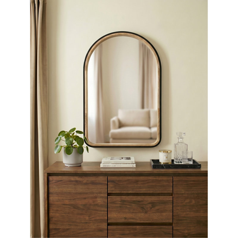 23.6"x35.4" Two-Tone Matte Black and Natural Wood Decorative Arch Mirror