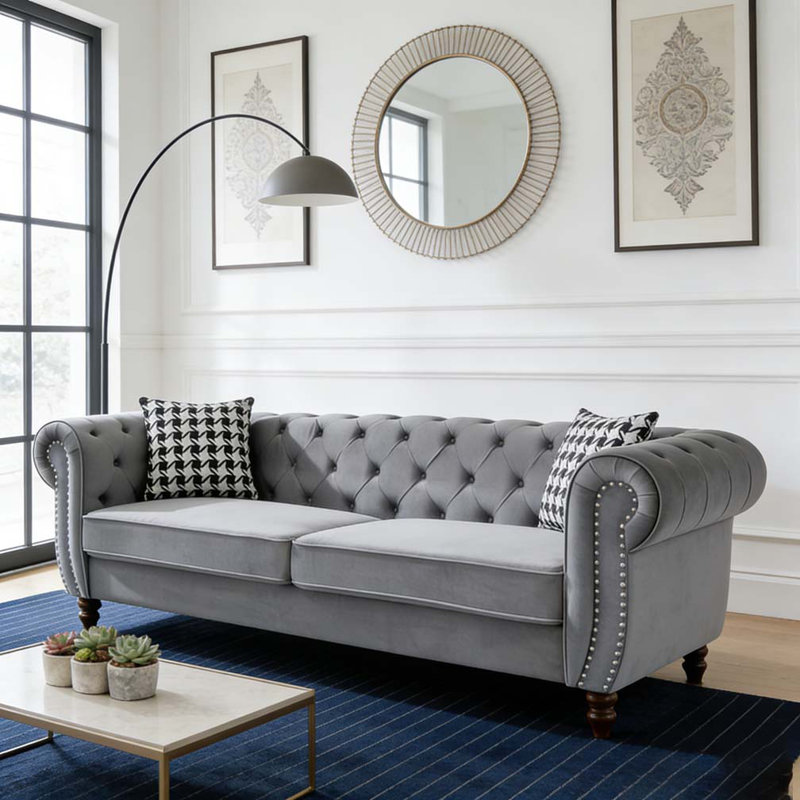 Canapé 87 po en tissu d'ameublement Chesterfield, H 29 po x l 87 po x P 33 po, 3, Gris