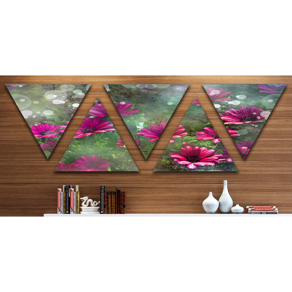 Bless international Red And Pink Flowers On Green On Canvas 5 Pieces ...