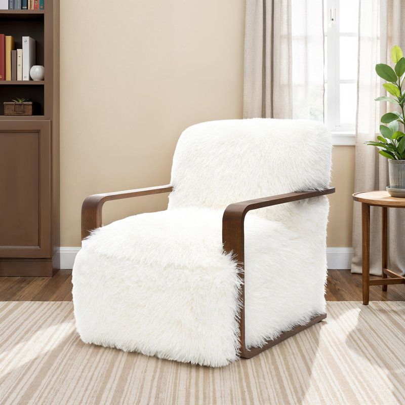 Chaise d'appoint de style contemporain 1 pièce en fausse fourrure douce d'inspiration rétro avec accoudoirs courbés en bois siège et dossier serrés au fini blanc