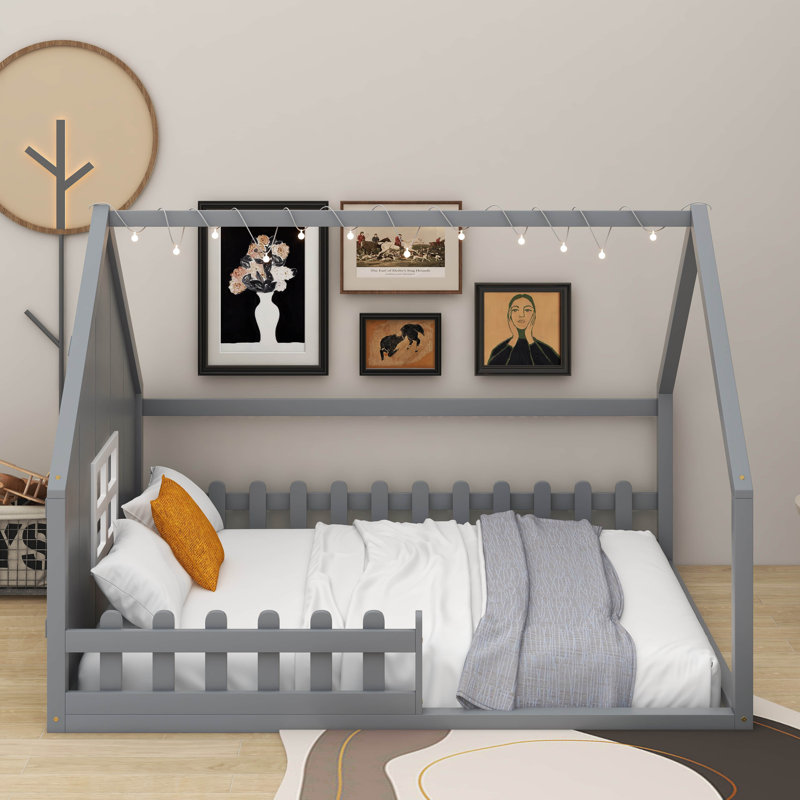 Lit double en bois avec clôture, Gris