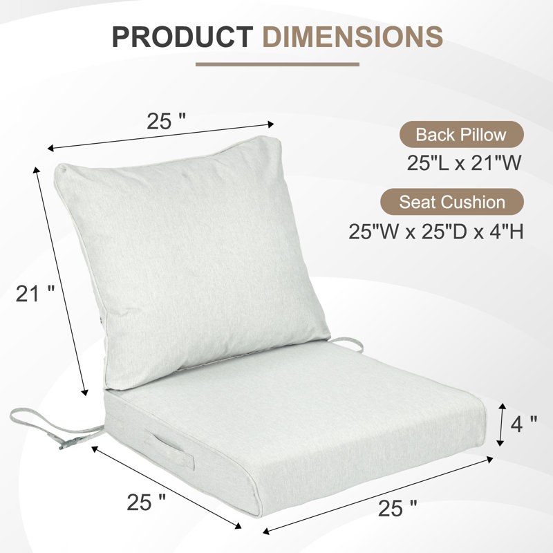 Outdoor Water-resistant Deep Seat Cushion Set, Gray, 25" W x 25" D