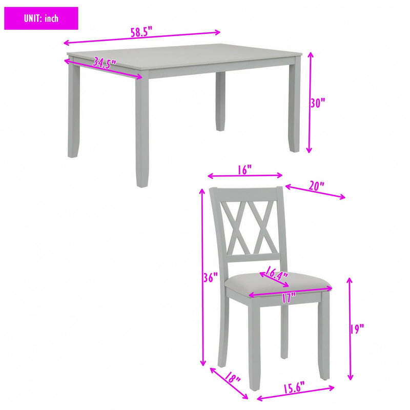 Ensemble de salle à manger en bois bicolore avec table rectangulaire et 6 chaises rembourrées en lin