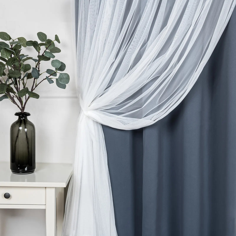 Fortuna Brockham Solid Tulle Overlay Room Darkening Grommet Curtain Panels, Stone, 52" W x 84" L