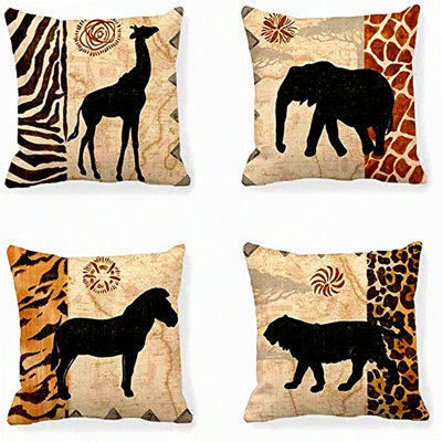 Safari Chic Pillow Cover Set - African Animals Collection - Giraffe, Elephant, Horse, Leopard with Zebra Pattern - Cotton Linen Decor