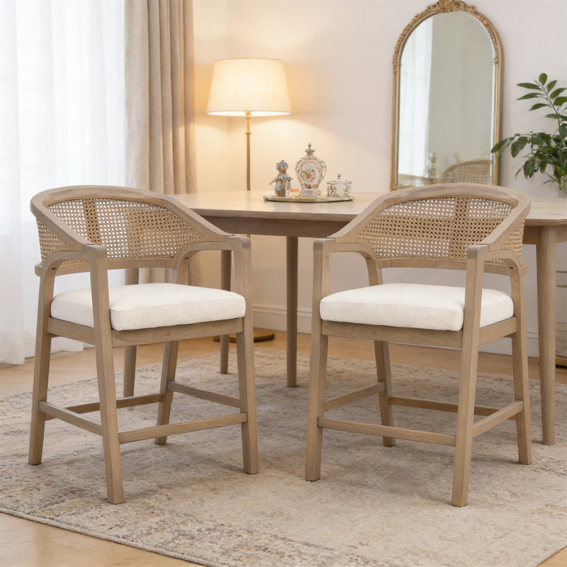 Wooden Frame Counter Stool With Rattan Back