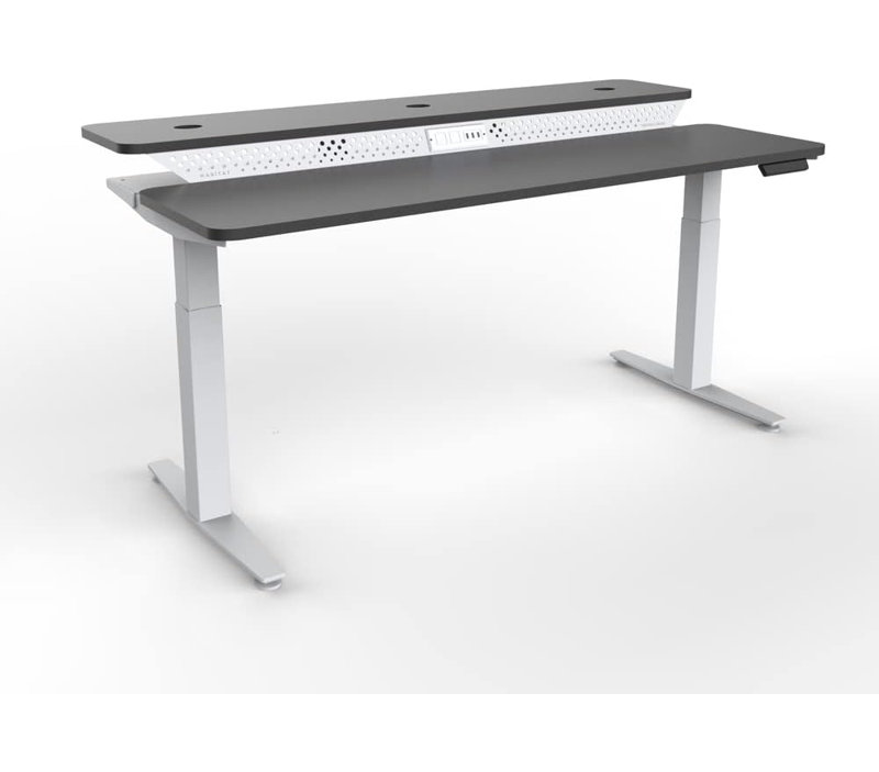 Bureau debout électrique PowerLift, réglable en hauteur avec bureau à deux niveaux, prises USB et prises de courant, Noir