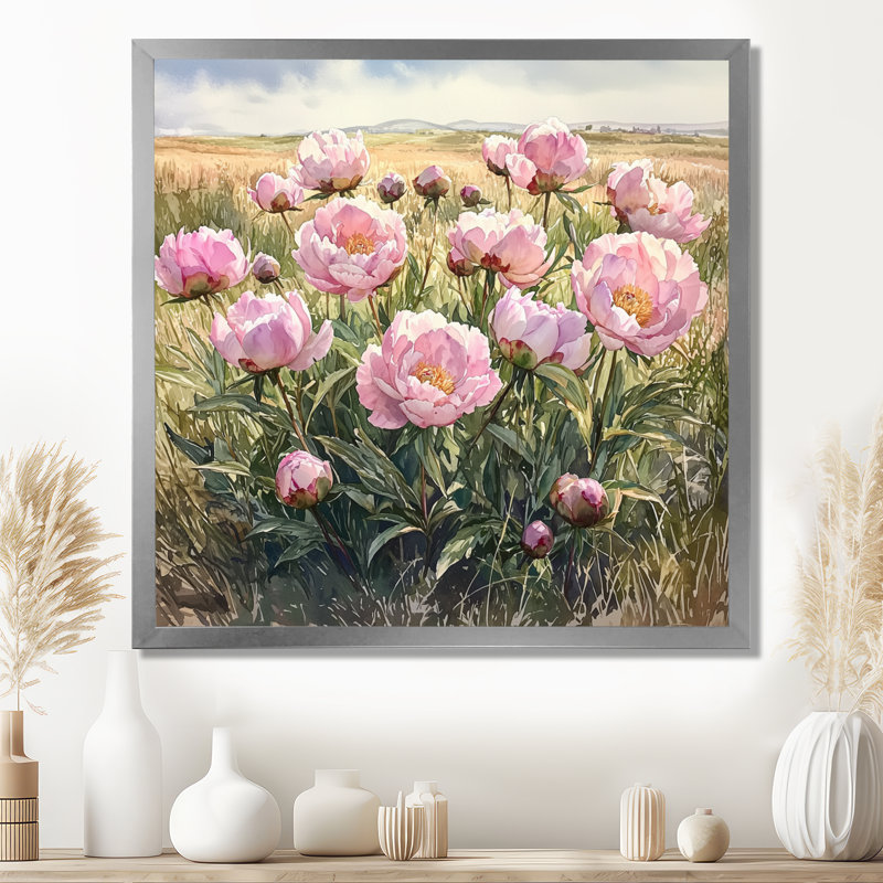 Pivoines par le champ de cultures II - pivoines, art mural, Reproduction encadrée d'une seule photo, Argent argent