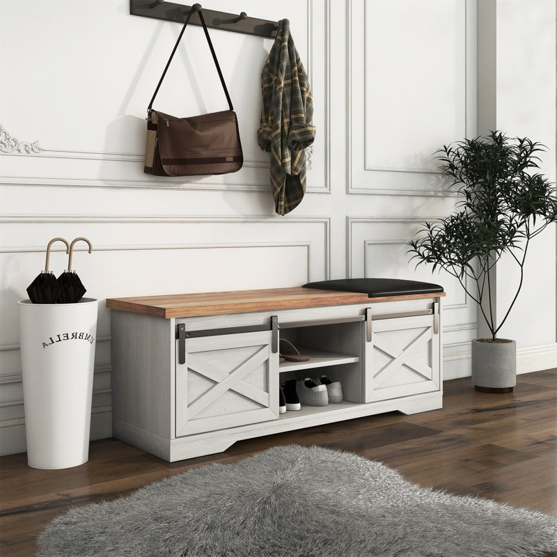 Faux Leather Upholstered Bench, Storage Bench, Entryway Shoe Bench, White
