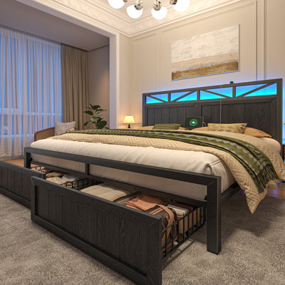 Queen Bed Frame With Headboard, Led Bed Frame With Charging Station, Storage Bed With 2 Wooden Drawers