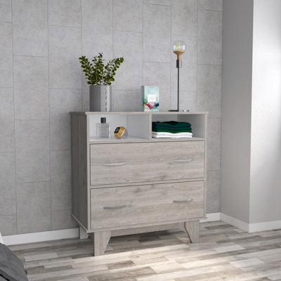  Commode 32 po à deux tiroirs gris clair avec tablettes ouvertes