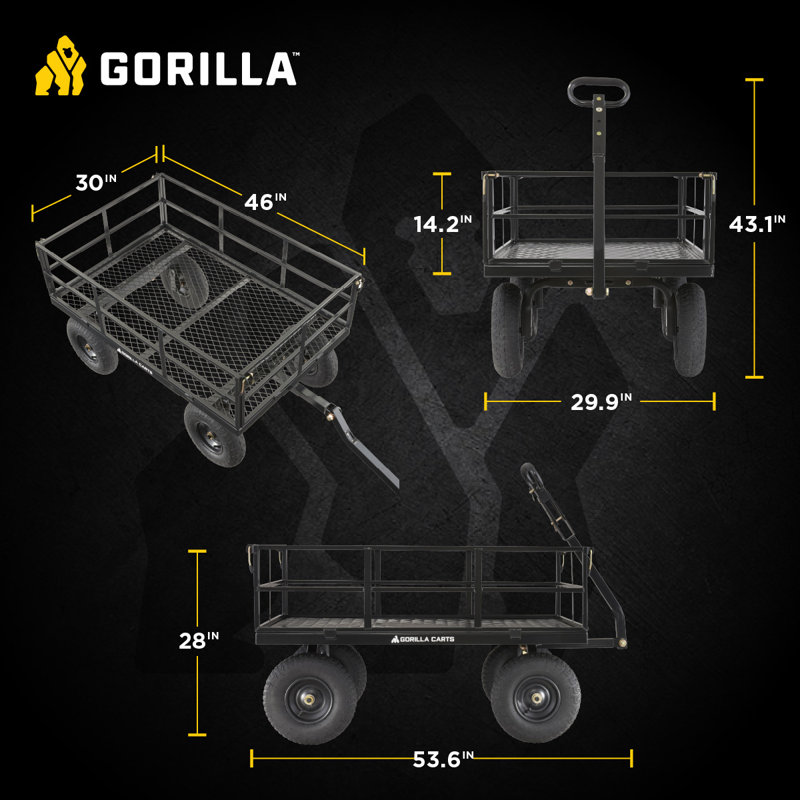 Gorilla Carts Steel Utility Cart Garden Wagon with Removable Sides, 28"H x 30.5"W x 53.3"D, Black