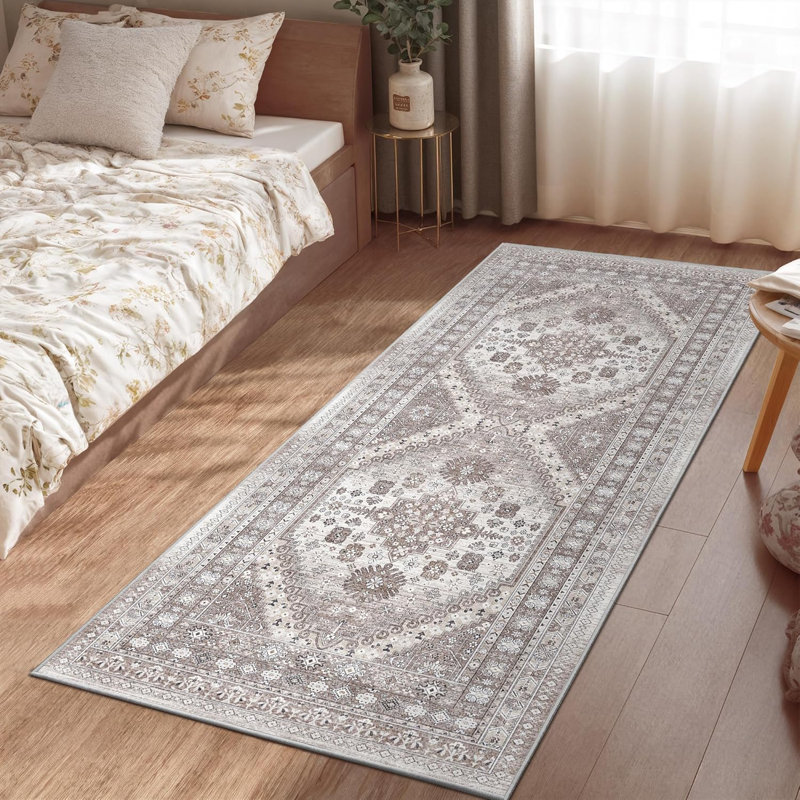 Medallion Non Slip Washable Rug(Brown), Runner 2' x 5'