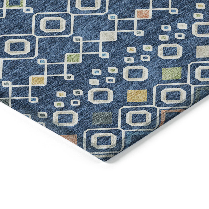 Tapis intérieur / extérieur ivoire et pêche géométrique lavable 9 pi x 12 pi bleu marine