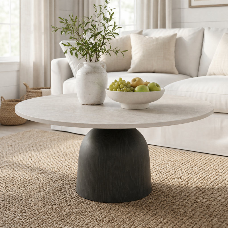 Table basse ronde moderne noire de 35 po / 41 po Meranda avec centre en pierre frittée et piédestal en bois massif pour le salon, facile à assembler