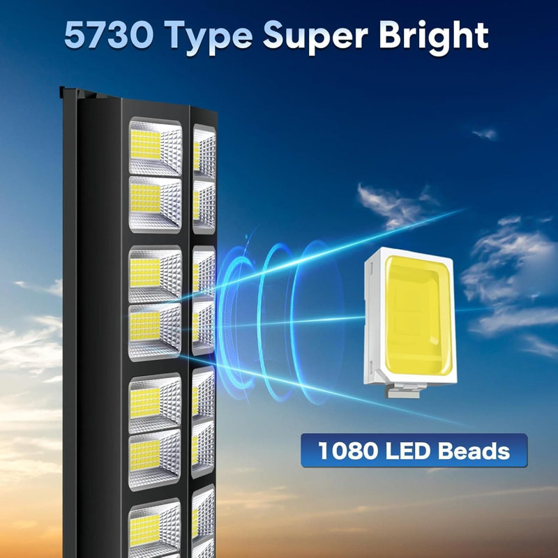 Réverbère solaire 8 000 W avec capteur de mouvement et télécommande, lumières solaires extérieures imperméables IP67 pour cour, parc de stationnement, garage, éclairage de sécurité Dusk To Dawn