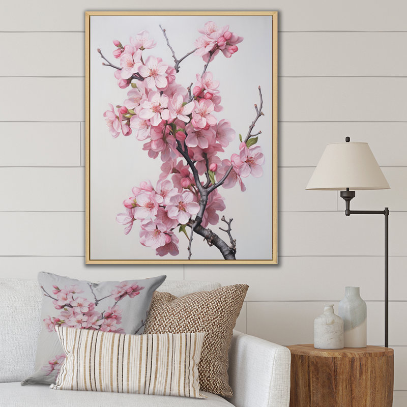 Fleur de pommier élégance monochromatique sur toile, H 44 po x l 34 po, Cadre naturel flottant