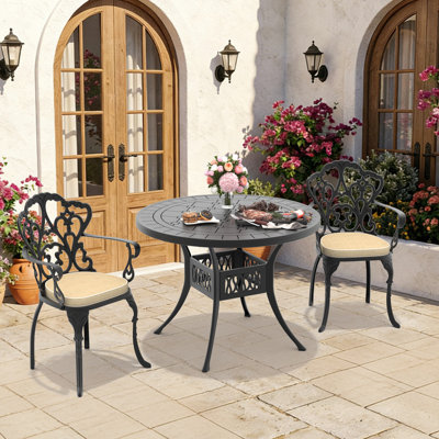 Ensemble bistro 3 pièces en fonte d'aluminium 3 pièces, table ronde 39,37 po et 2 fauteuils avec coussins beiges