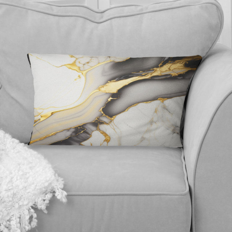 Coussin décoratif abstrait en marbre blanc et doré Abstract Geode II